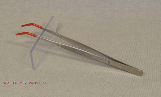 Tweezer pointed angled red rubberized 155 mm